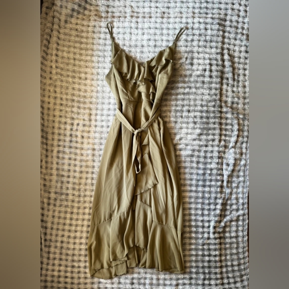 Ruffled Tie-Waist Slip Dress in Olive